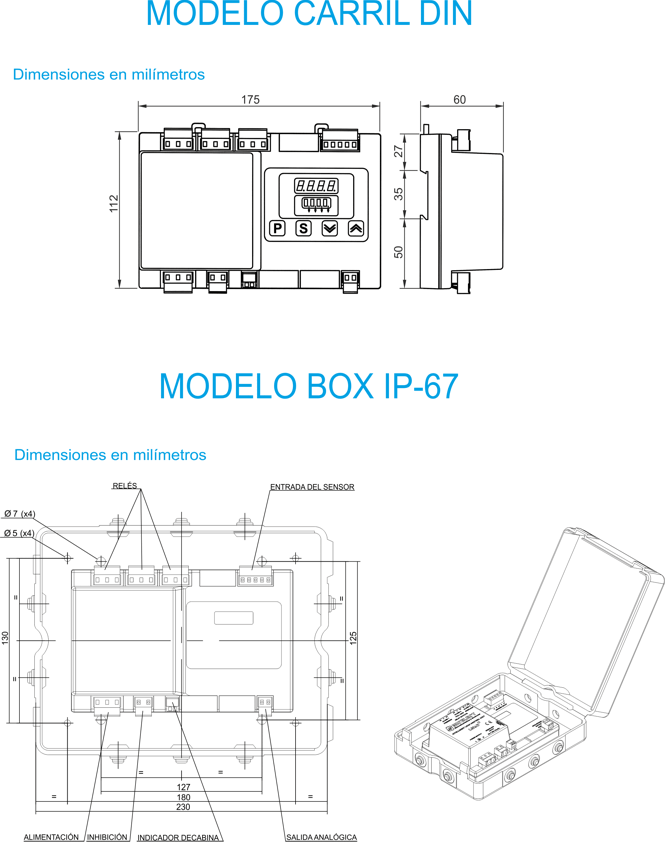 Dimensiones de las opciones caja box y din-rail de las unidades de control pesacargas de MICELECT
