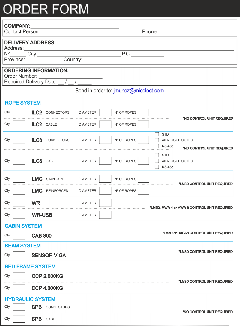 Form to order MICELECT's load weighing devices