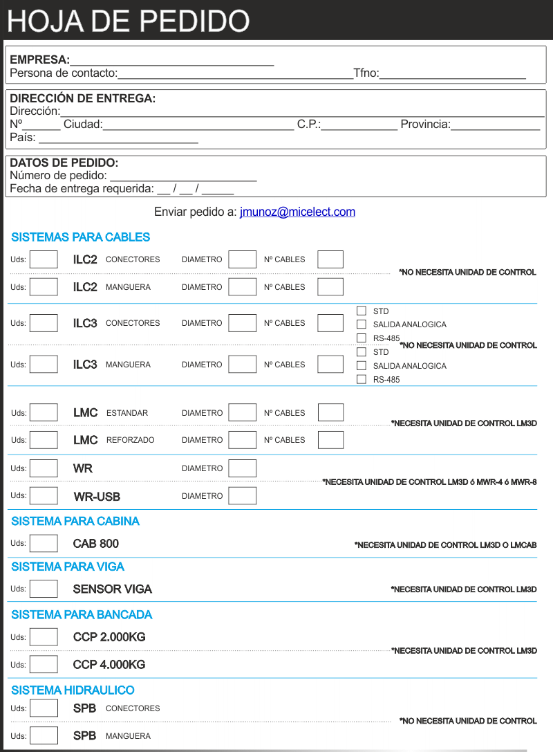 Hoja de pedido para comprar pesacargas de MICELECT para ascensores y elevadores.