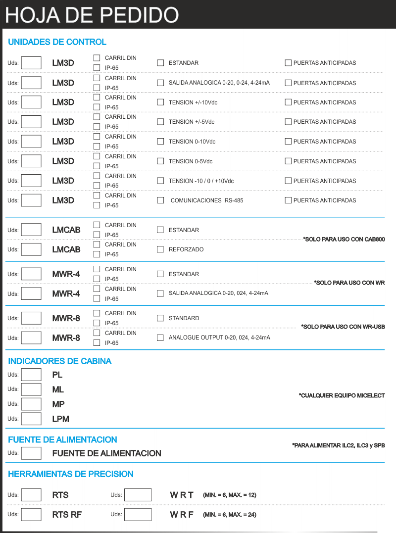 2ª hoja de pedido para comprar pesacargas de MICELECT para ascensores y elevadores.