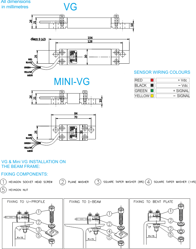 VG load weighing sensor for elevator beam by MICELECT dimensions